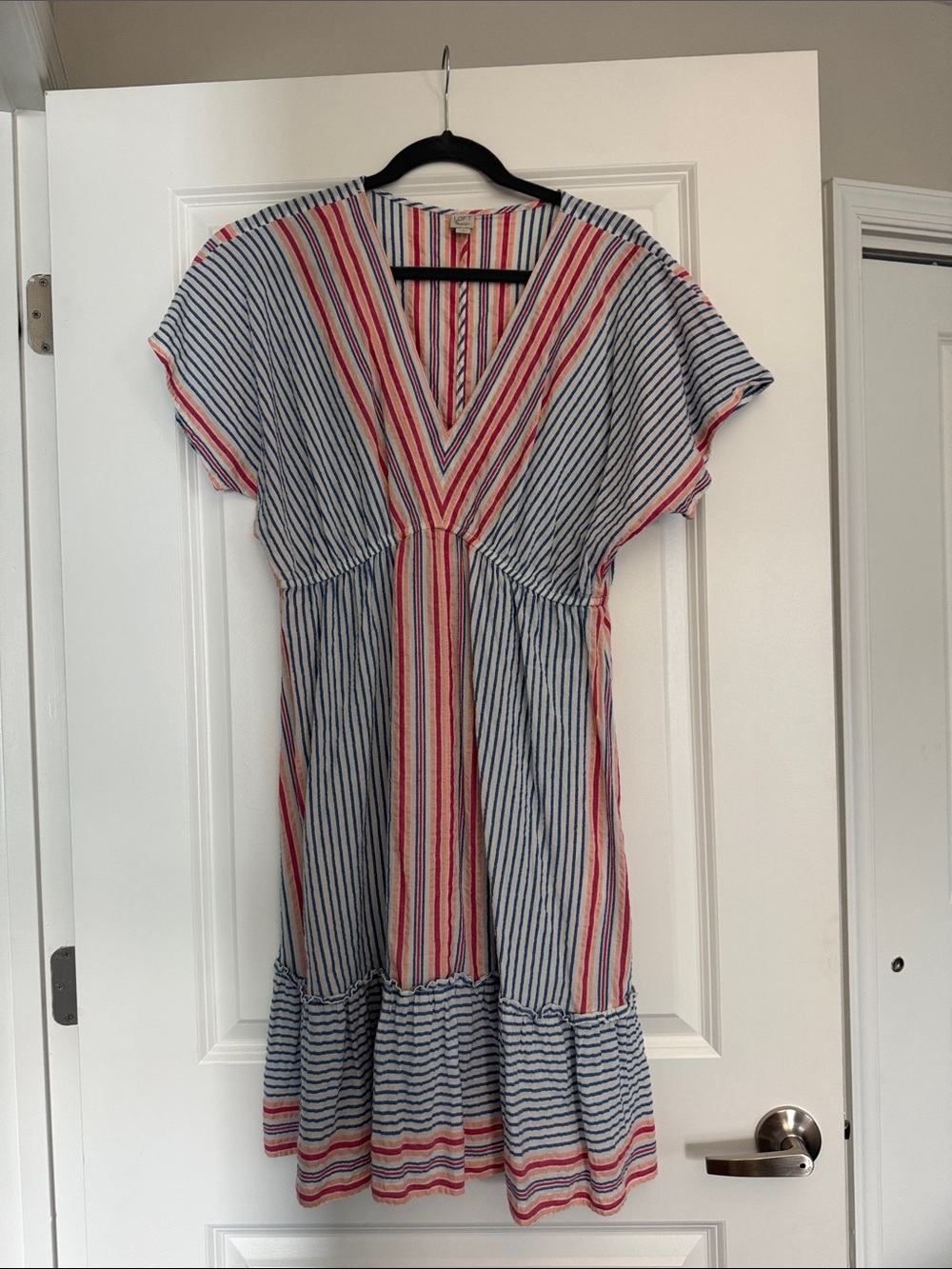 LOFT Striped V-Neck Midi Coverup in Blue,Pink, Coral & White